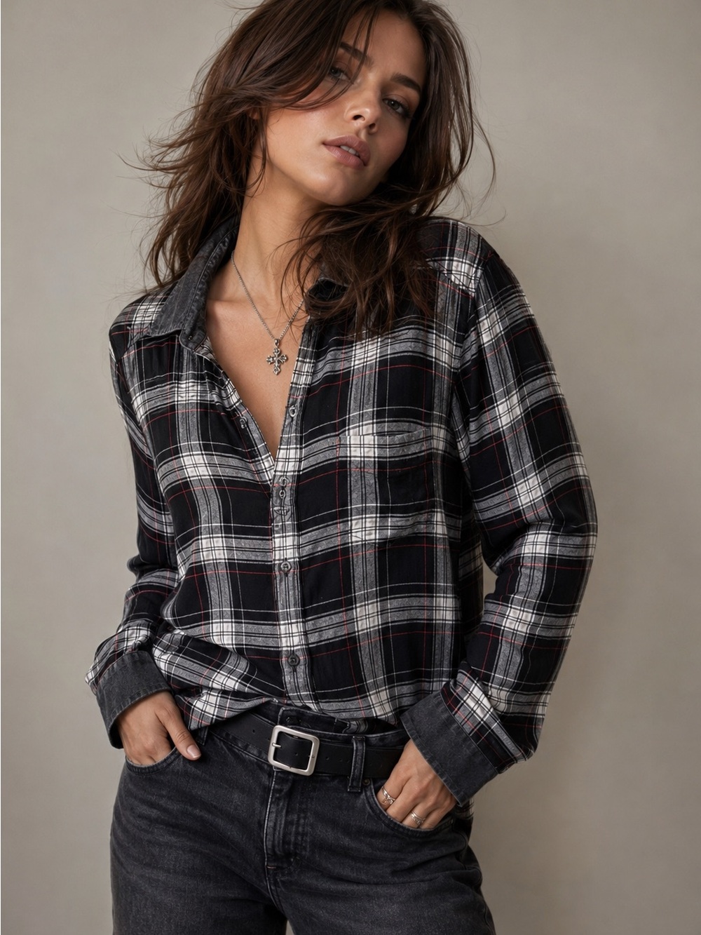 Diesel Black Plaid Button Front Shirt | Soft Rayon Blend Grunge Chic Size S